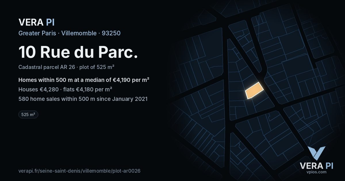 10 Rue du Parc, Villemomble at night – the plot lit, the parcels around coloured by the prices near them