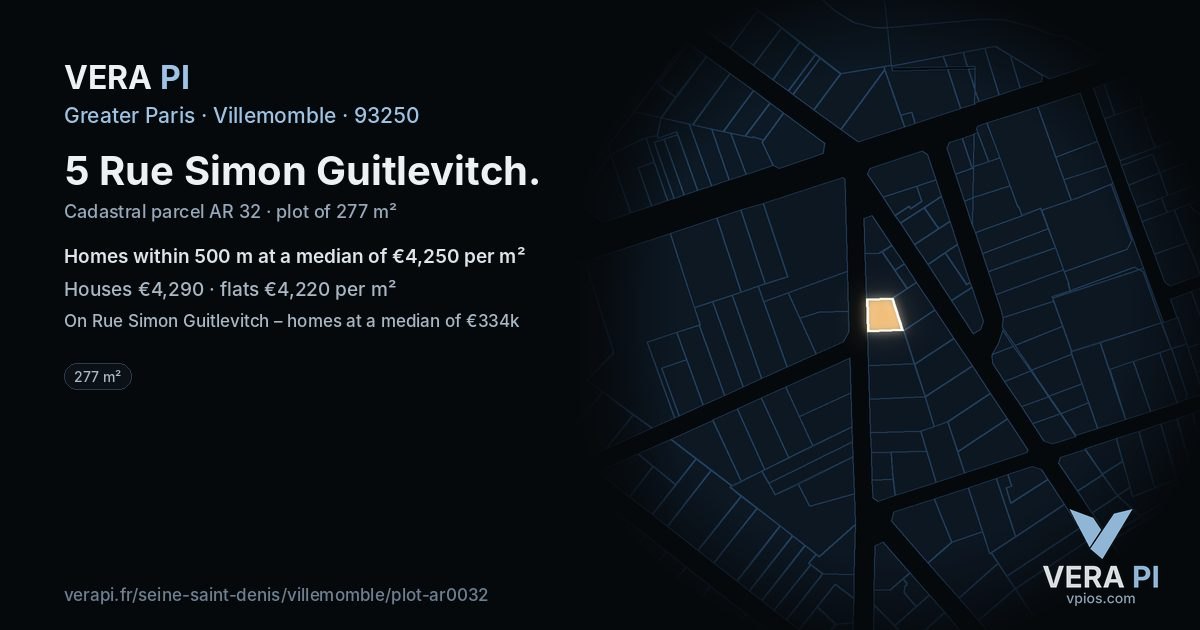 5 Rue Simon Guitlevitch, Villemomble at night – the plot lit, the parcels around coloured by the prices near them