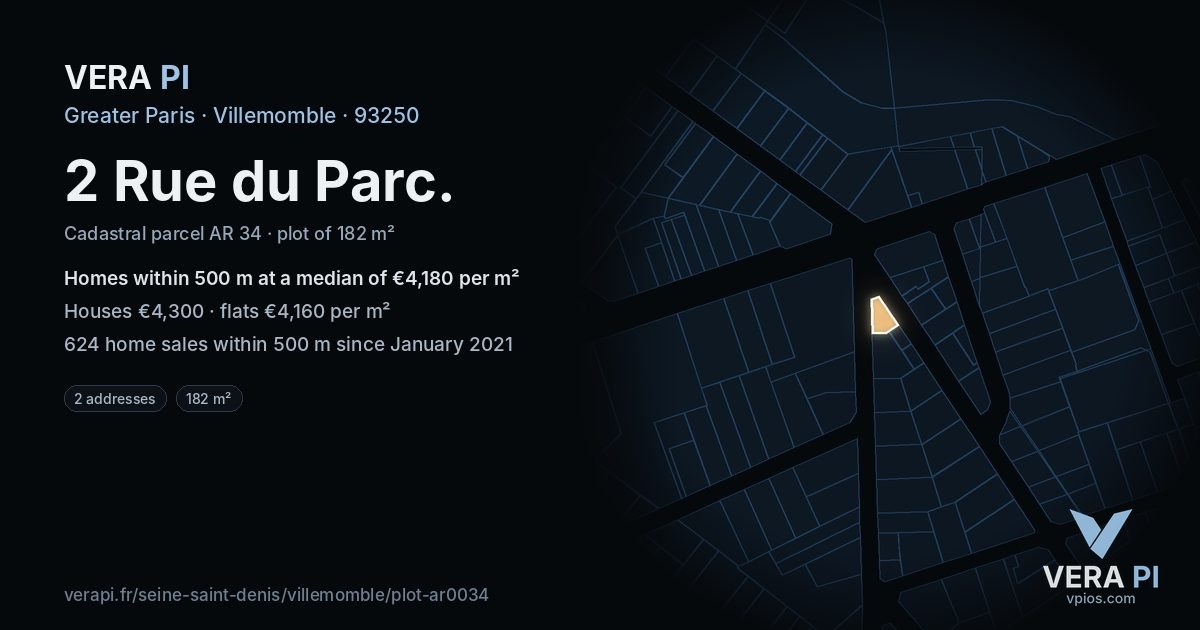 2 Rue du Parc, Villemomble at night – the plot lit, the parcels around coloured by the prices near them