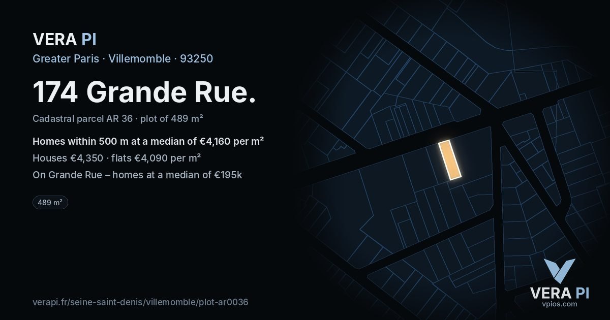 174 Grande Rue, Villemomble at night – the plot lit, the parcels around coloured by the prices near them