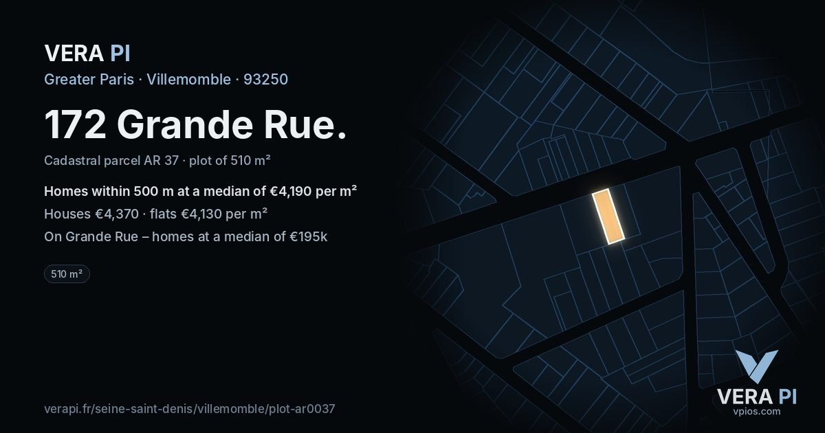 172 Grande Rue, Villemomble at night – the plot lit, the parcels around coloured by the prices near them