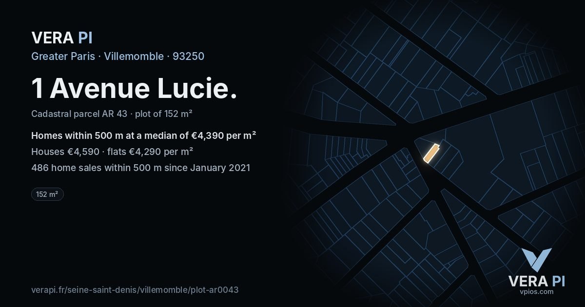 1 Avenue Lucie, Villemomble at night – the plot lit, the parcels around coloured by the prices near them