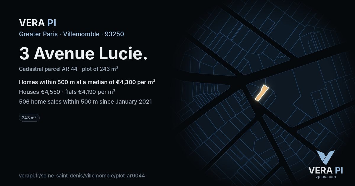 3 Avenue Lucie, Villemomble at night – the plot lit, the parcels around coloured by the prices near them