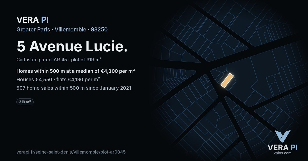 5 Avenue Lucie, Villemomble at night – the plot lit, the parcels around coloured by the prices near them