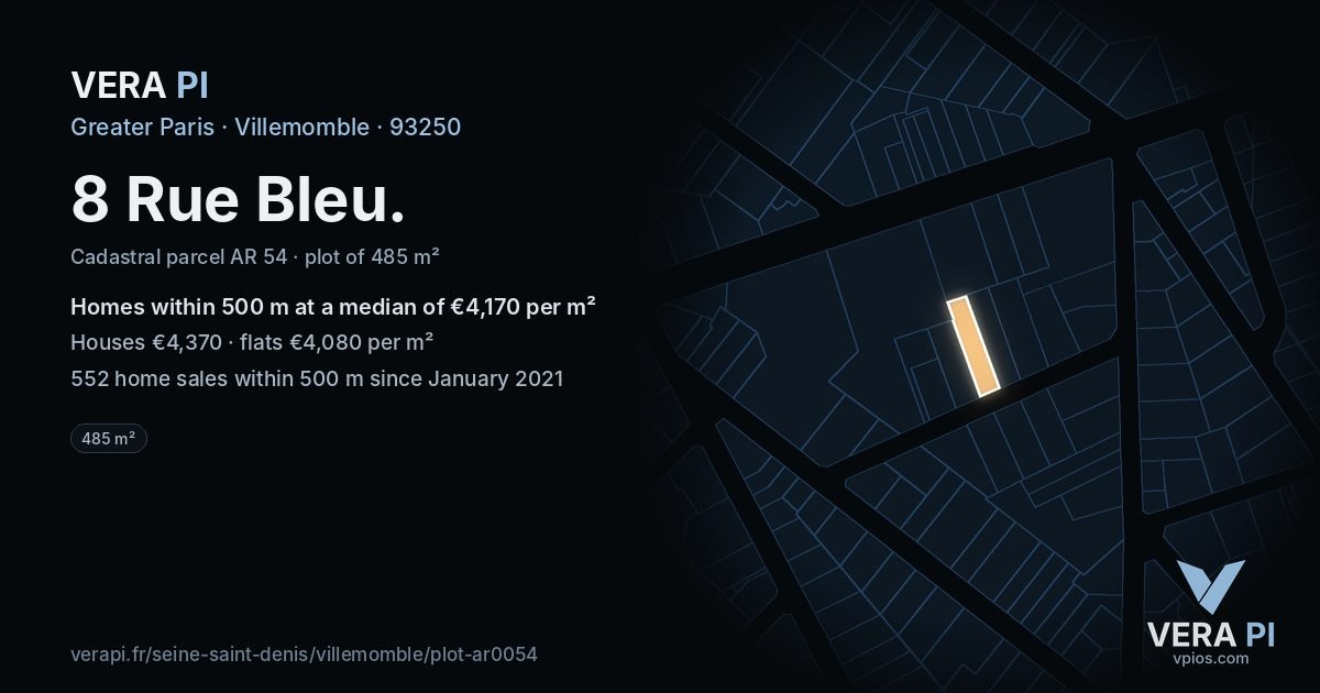 8 Rue Bleu, Villemomble at night – the plot lit, the parcels around coloured by the prices near them