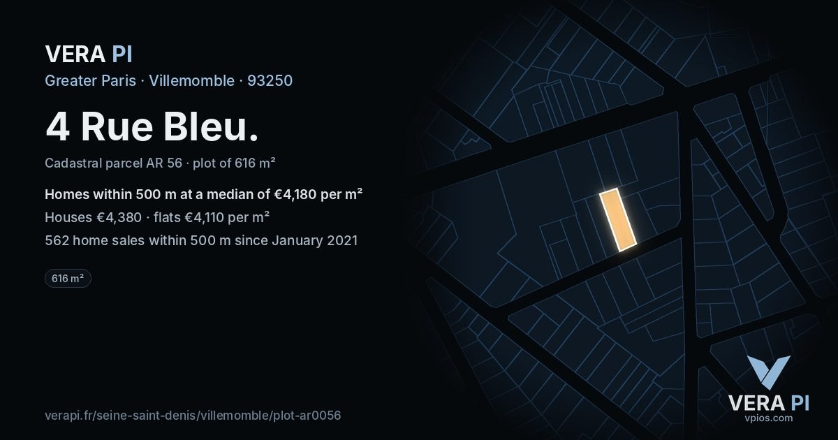 4 Rue Bleu, Villemomble at night – the plot lit, the parcels around coloured by the prices near them