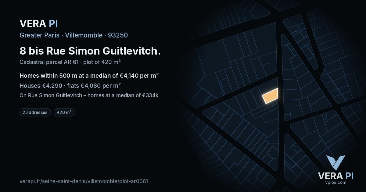 8 bis Rue Simon Guitlevitch, Villemomble at night – the plot lit, the parcels around coloured by the prices near them