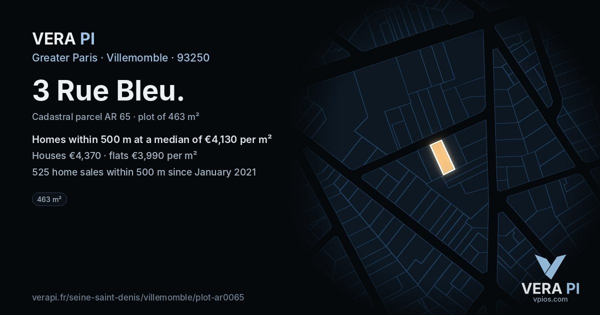 3 Rue Bleu, Villemomble at night – the plot lit, the parcels around coloured by the prices near them