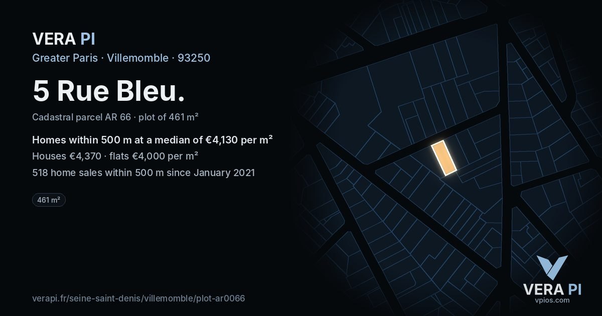5 Rue Bleu, Villemomble at night – the plot lit, the parcels around coloured by the prices near them