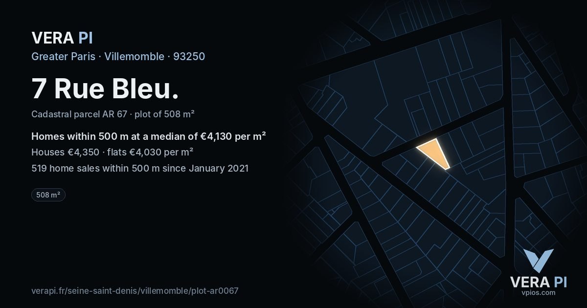 7 Rue Bleu, Villemomble at night – the plot lit, the parcels around coloured by the prices near them