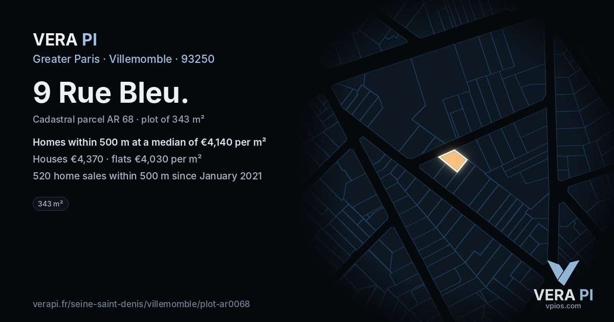 9 Rue Bleu, Villemomble at night – the plot lit, the parcels around coloured by the prices near them