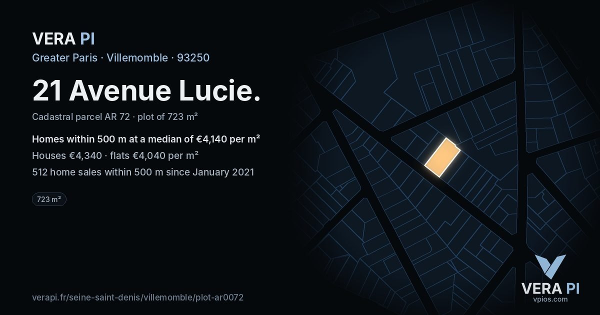 21 Avenue Lucie, Villemomble at night – the plot lit, the parcels around coloured by the prices near them