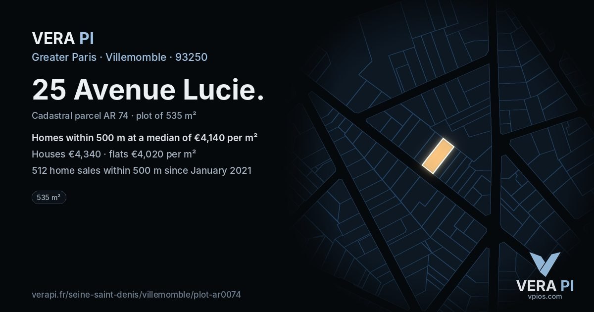 25 Avenue Lucie, Villemomble at night – the plot lit, the parcels around coloured by the prices near them