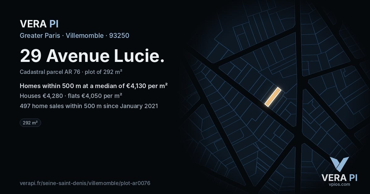 29 Avenue Lucie, Villemomble at night – the plot lit, the parcels around coloured by the prices near them
