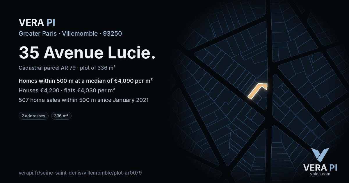 35 Avenue Lucie, Villemomble at night – the plot lit, the parcels around coloured by the prices near them