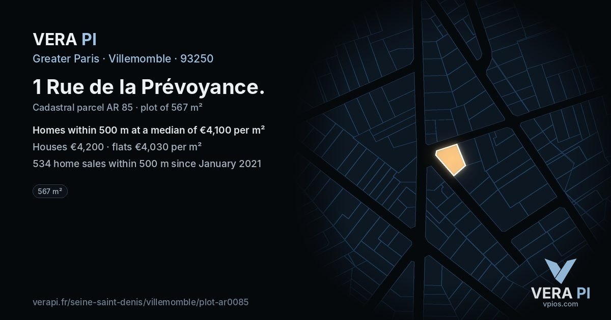 1 Rue de la Prévoyance, Villemomble at night – the plot lit, the parcels around coloured by the prices near them