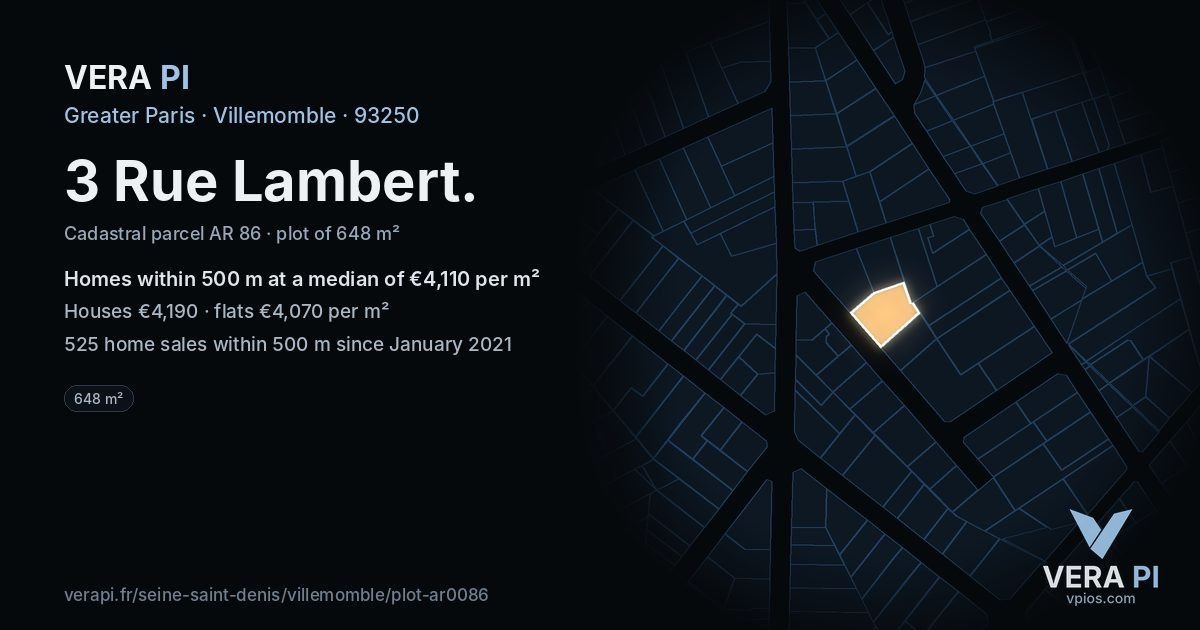 3 Rue Lambert, Villemomble at night – the plot lit, the parcels around coloured by the prices near them