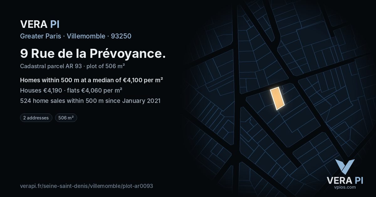 9 Rue de la Prévoyance, Villemomble at night – the plot lit, the parcels around coloured by the prices near them