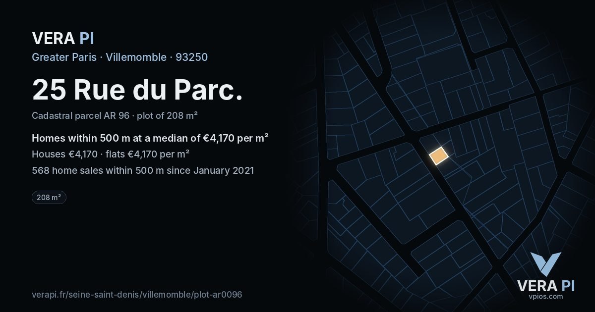25 Rue du Parc, Villemomble at night – the plot lit, the parcels around coloured by the prices near them