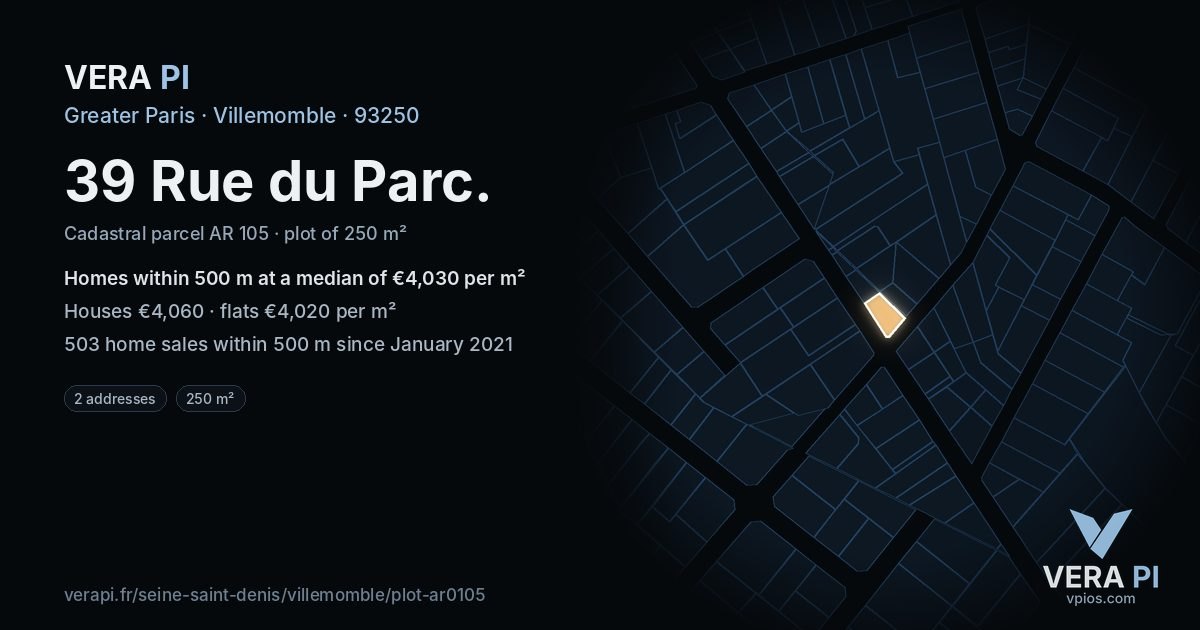 39 Rue du Parc, Villemomble at night – the plot lit, the parcels around coloured by the prices near them