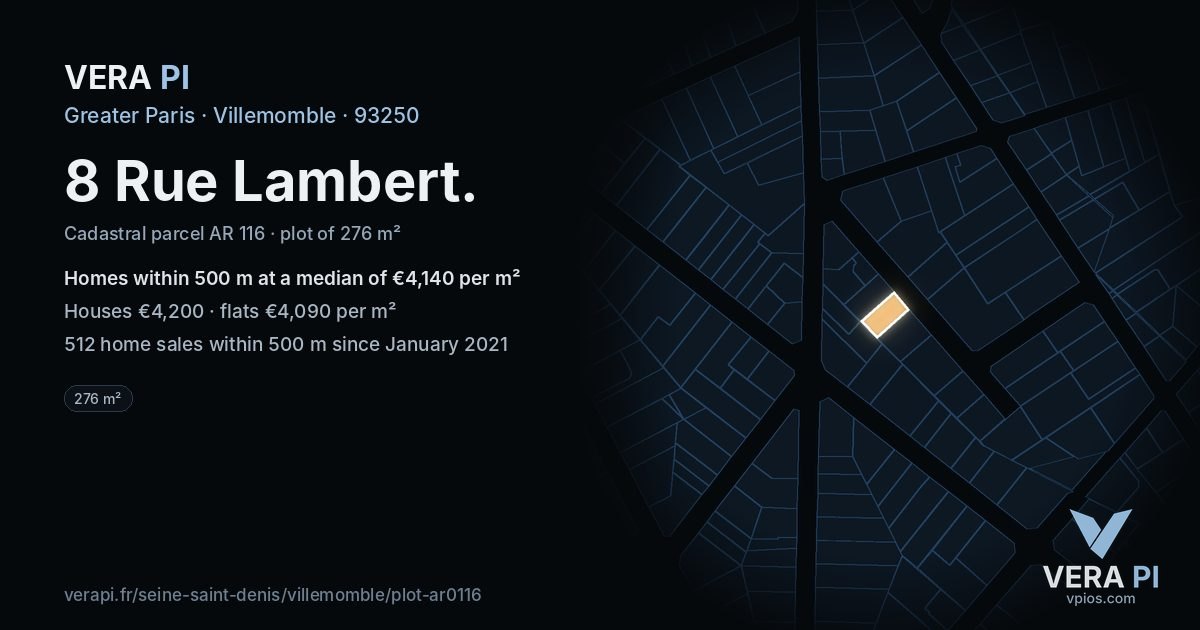 8 Rue Lambert, Villemomble at night – the plot lit, the parcels around coloured by the prices near them