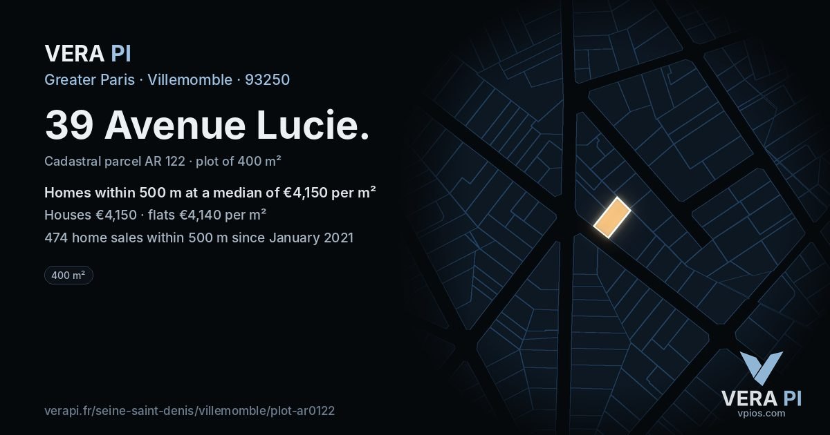 39 Avenue Lucie, Villemomble at night – the plot lit, the parcels around coloured by the prices near them
