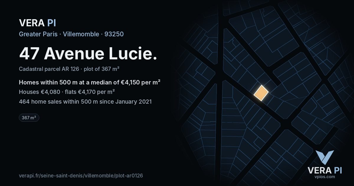 47 Avenue Lucie, Villemomble at night – the plot lit, the parcels around coloured by the prices near them