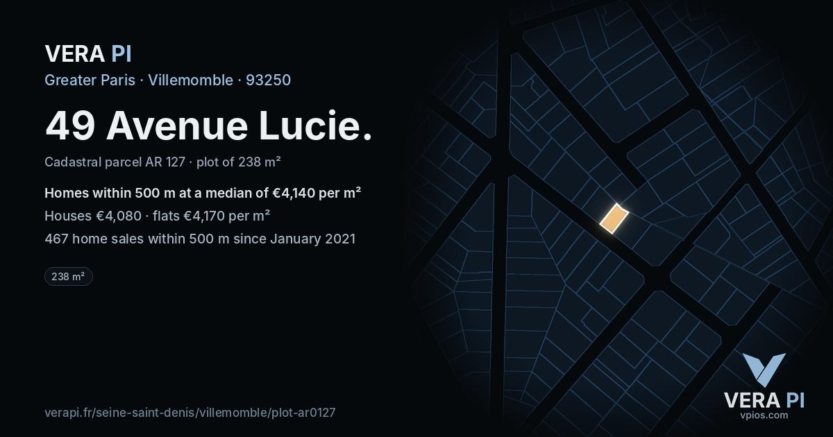 49 Avenue Lucie, Villemomble at night – the plot lit, the parcels around coloured by the prices near them