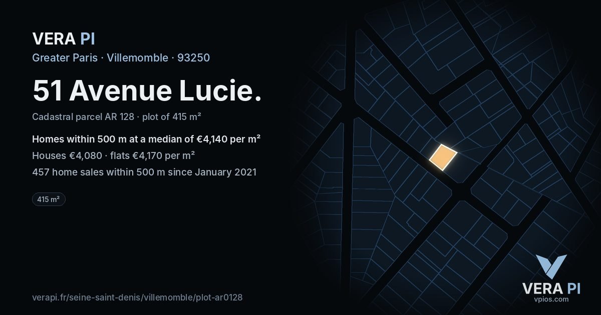 51 Avenue Lucie, Villemomble at night – the plot lit, the parcels around coloured by the prices near them