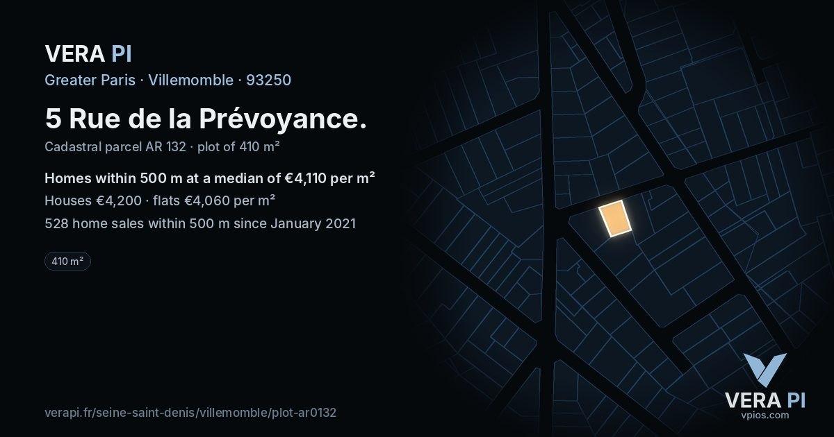 5 Rue de la Prévoyance, Villemomble at night – the plot lit, the parcels around coloured by the prices near them