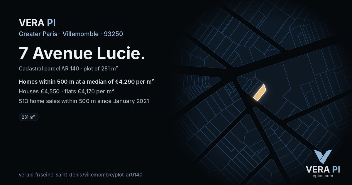 7 Avenue Lucie, Villemomble at night – the plot lit, the parcels around coloured by the prices near them
