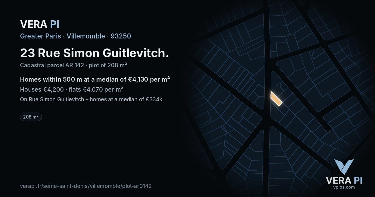 23 Rue Simon Guitlevitch, Villemomble at night – the plot lit, the parcels around coloured by the prices near them