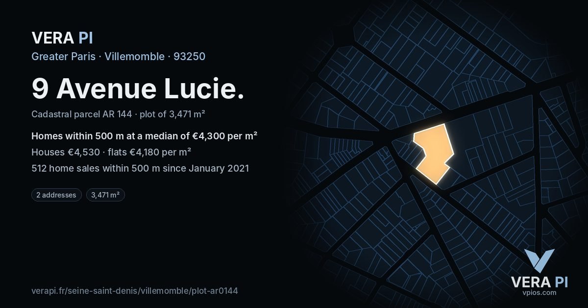 9 Avenue Lucie, Villemomble at night – the plot lit, the parcels around coloured by the prices near them