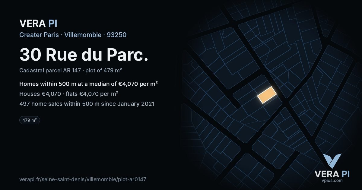 30 Rue du Parc, Villemomble at night – the plot lit, the parcels around coloured by the prices near them