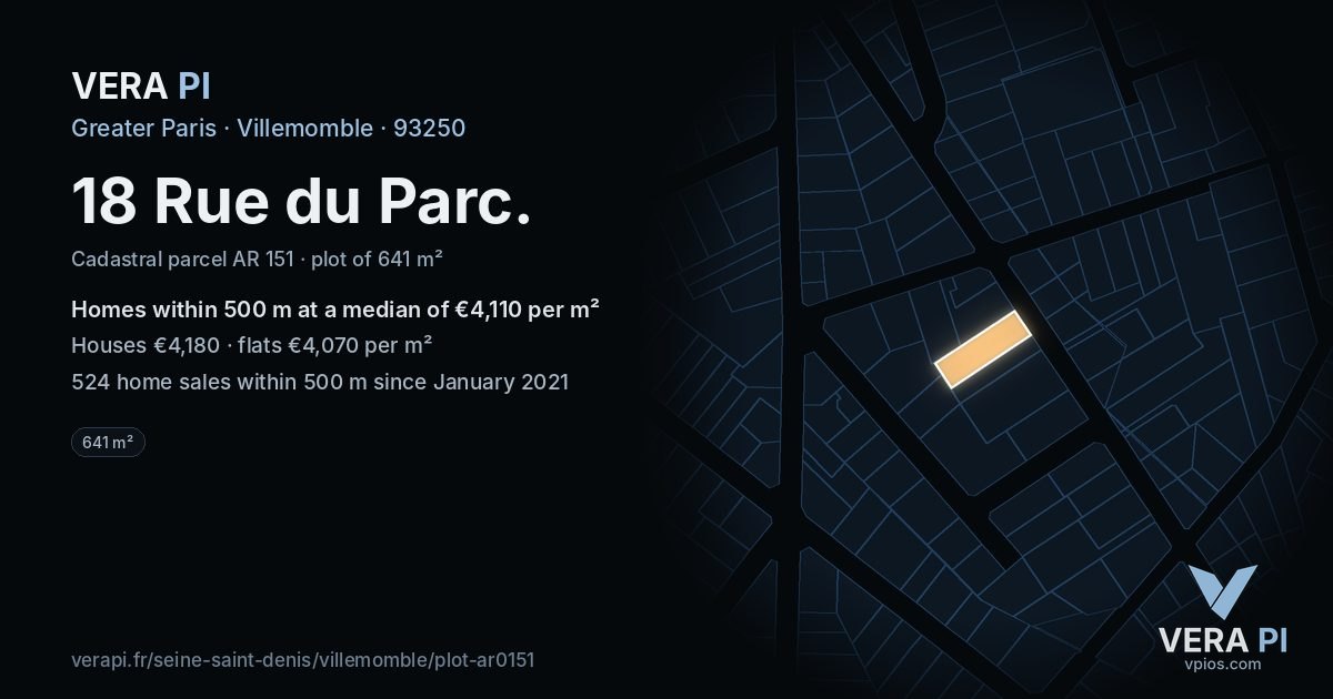 18 Rue du Parc, Villemomble at night – the plot lit, the parcels around coloured by the prices near them