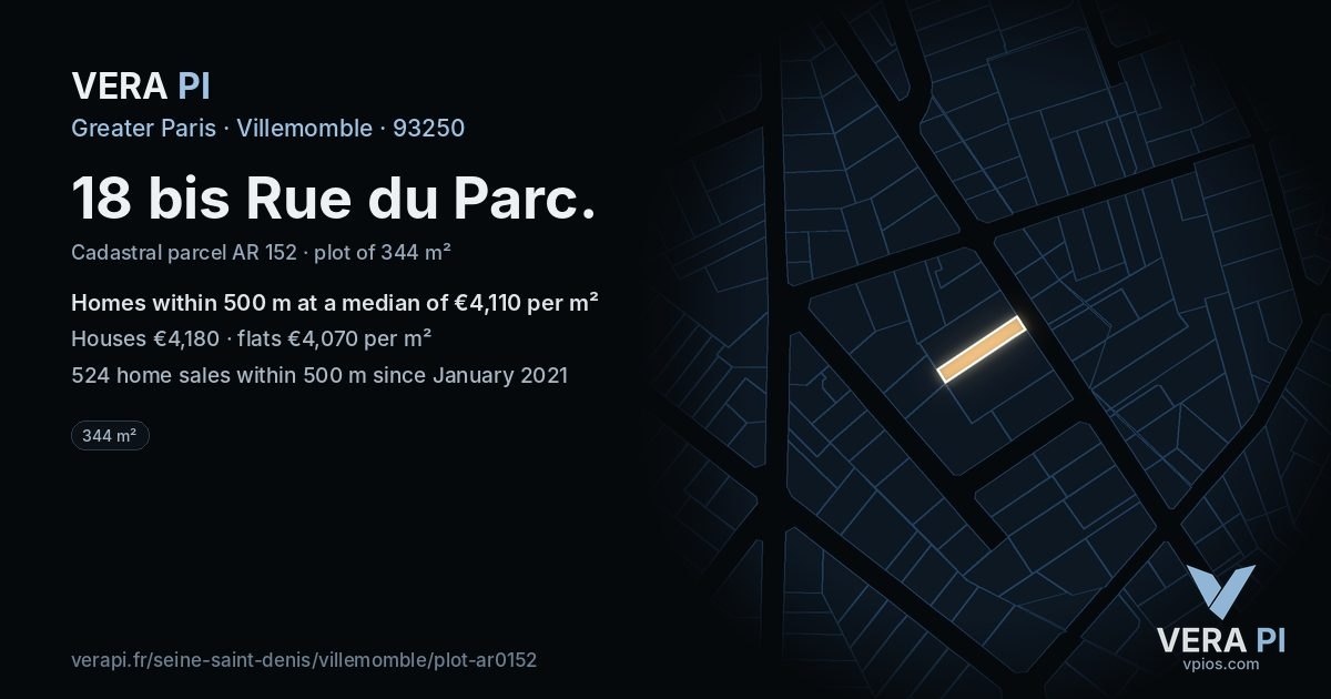 18 bis Rue du Parc, Villemomble at night – the plot lit, the parcels around coloured by the prices near them