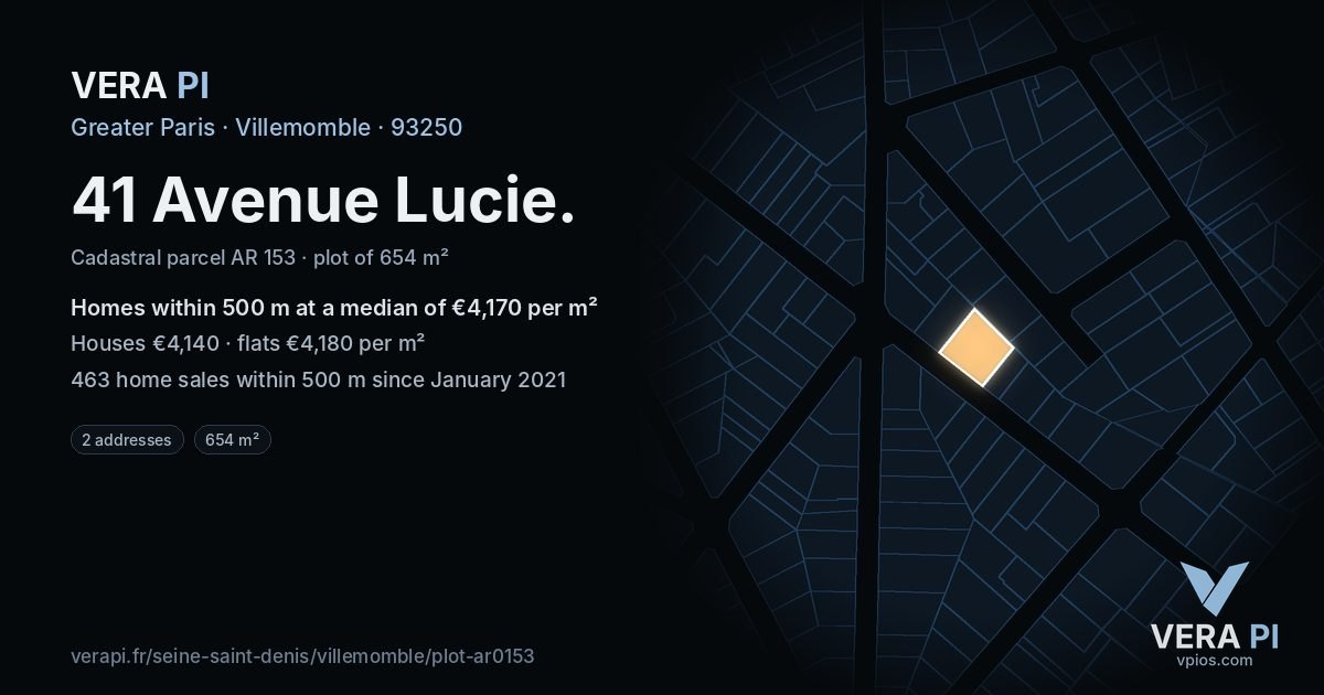 41 Avenue Lucie, Villemomble at night – the plot lit, the parcels around coloured by the prices near them