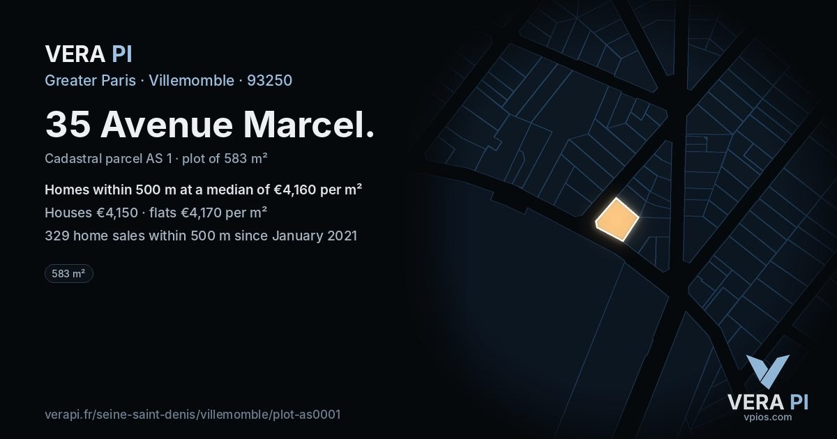 35 Avenue Marcel, Villemomble at night – the plot lit, the parcels around coloured by the prices near them