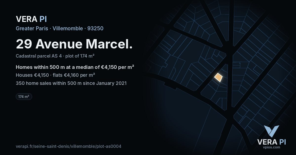 29 Avenue Marcel, Villemomble at night – the plot lit, the parcels around coloured by the prices near them