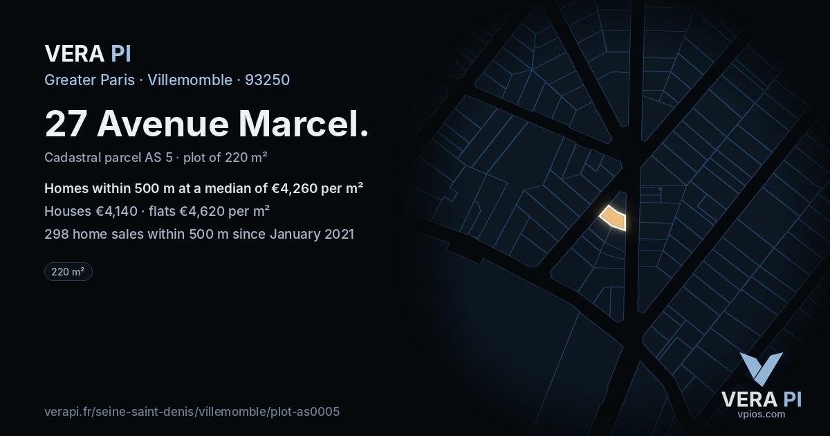 27 Avenue Marcel, Villemomble at night – the plot lit, the parcels around coloured by the prices near them