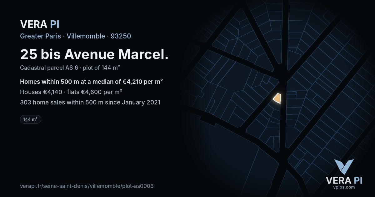 25 bis Avenue Marcel, Villemomble at night – the plot lit, the parcels around coloured by the prices near them