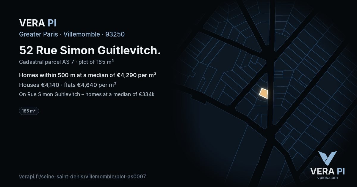 52 Rue Simon Guitlevitch, Villemomble at night – the plot lit, the parcels around coloured by the prices near them
