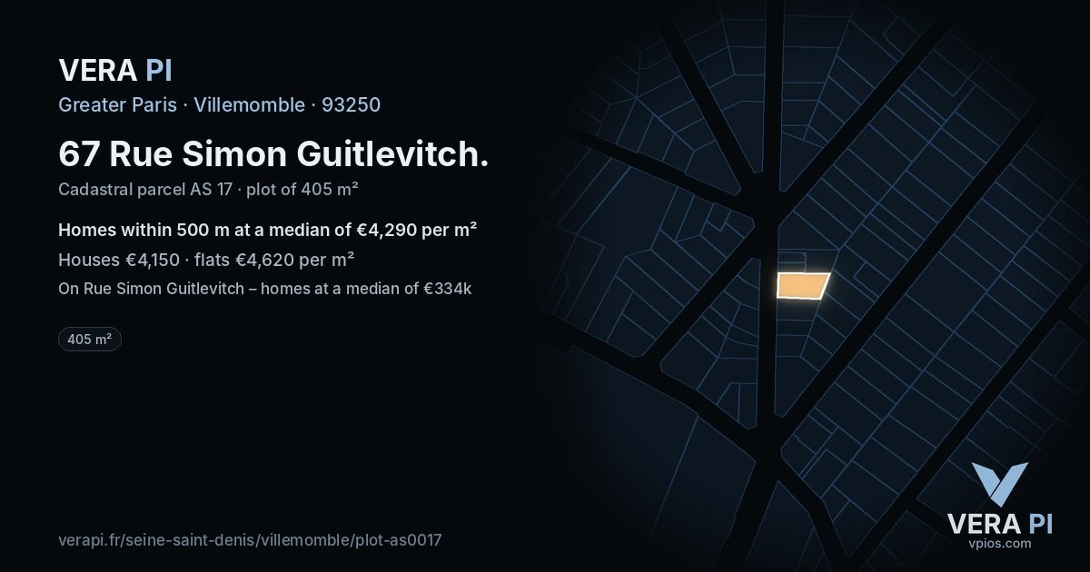 67 Rue Simon Guitlevitch, Villemomble at night – the plot lit, the parcels around coloured by the prices near them