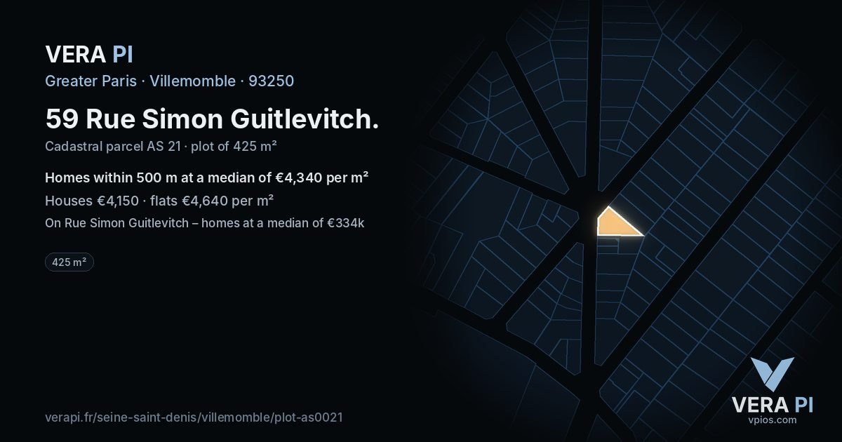 59 Rue Simon Guitlevitch, Villemomble at night – the plot lit, the parcels around coloured by the prices near them
