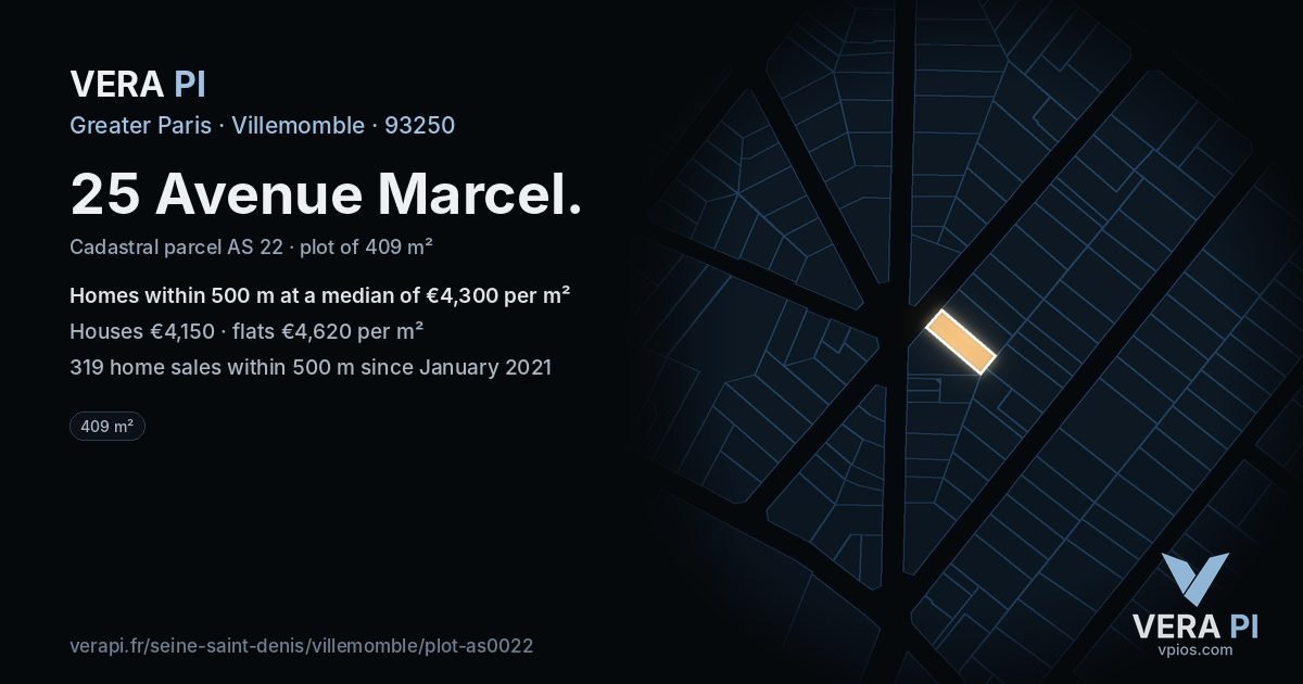25 Avenue Marcel, Villemomble at night – the plot lit, the parcels around coloured by the prices near them