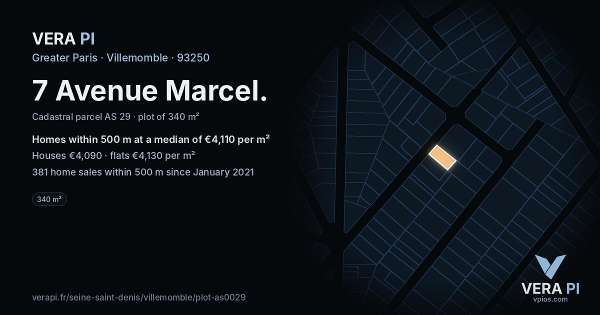7 Avenue Marcel, Villemomble at night – the plot lit, the parcels around coloured by the prices near them