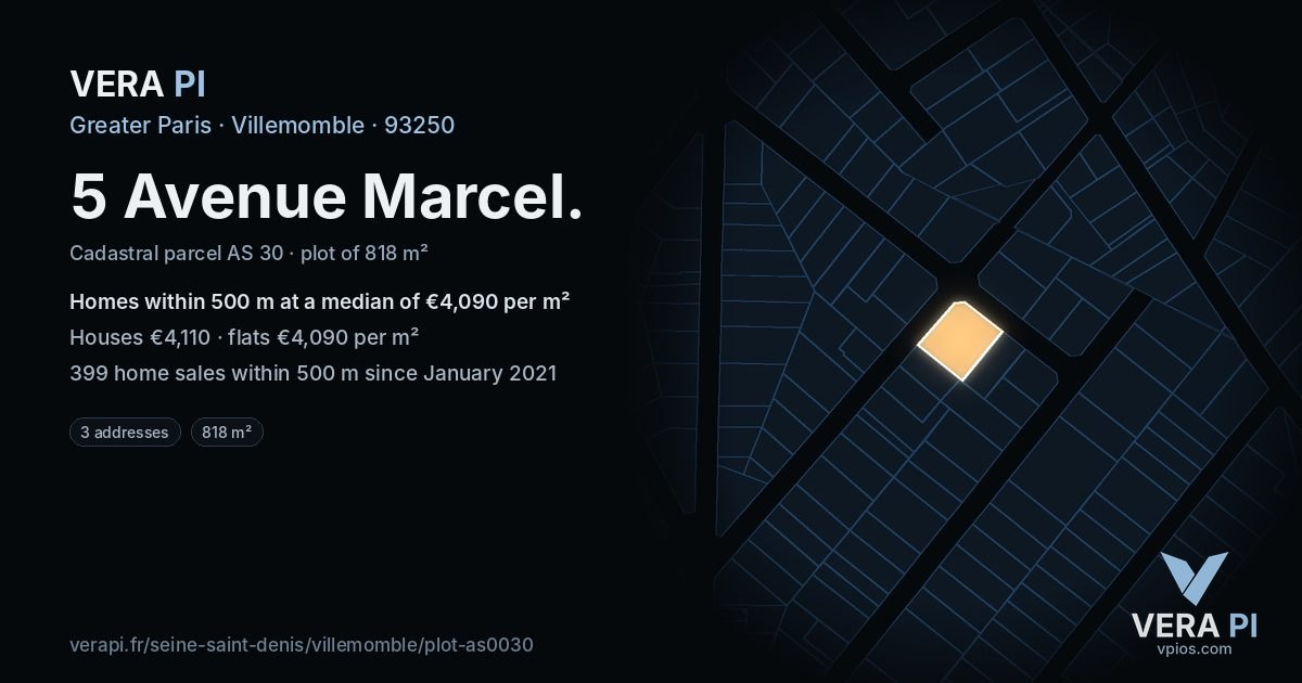 5 Avenue Marcel, Villemomble at night – the plot lit, the parcels around coloured by the prices near them