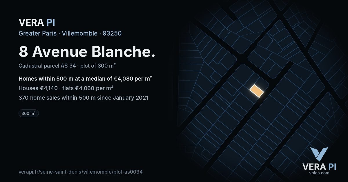 8 Avenue Blanche, Villemomble at night – the plot lit, the parcels around coloured by the prices near them