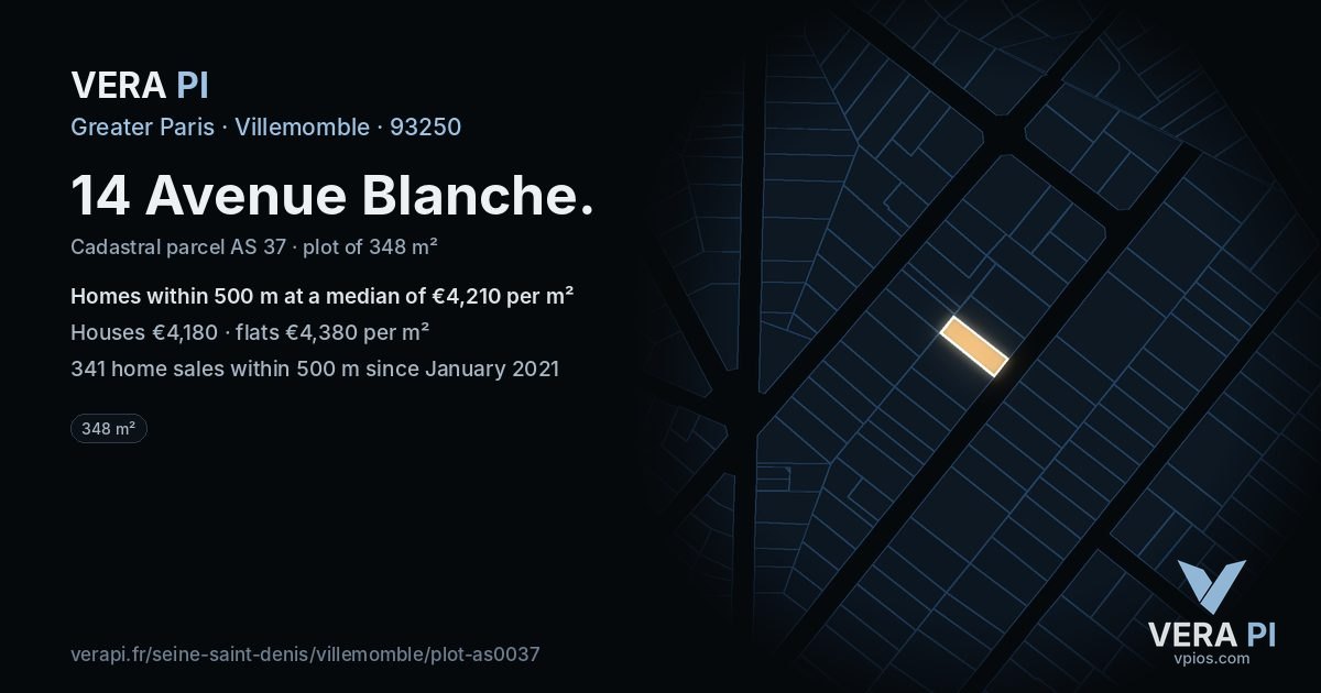 14 Avenue Blanche, Villemomble at night – the plot lit, the parcels around coloured by the prices near them