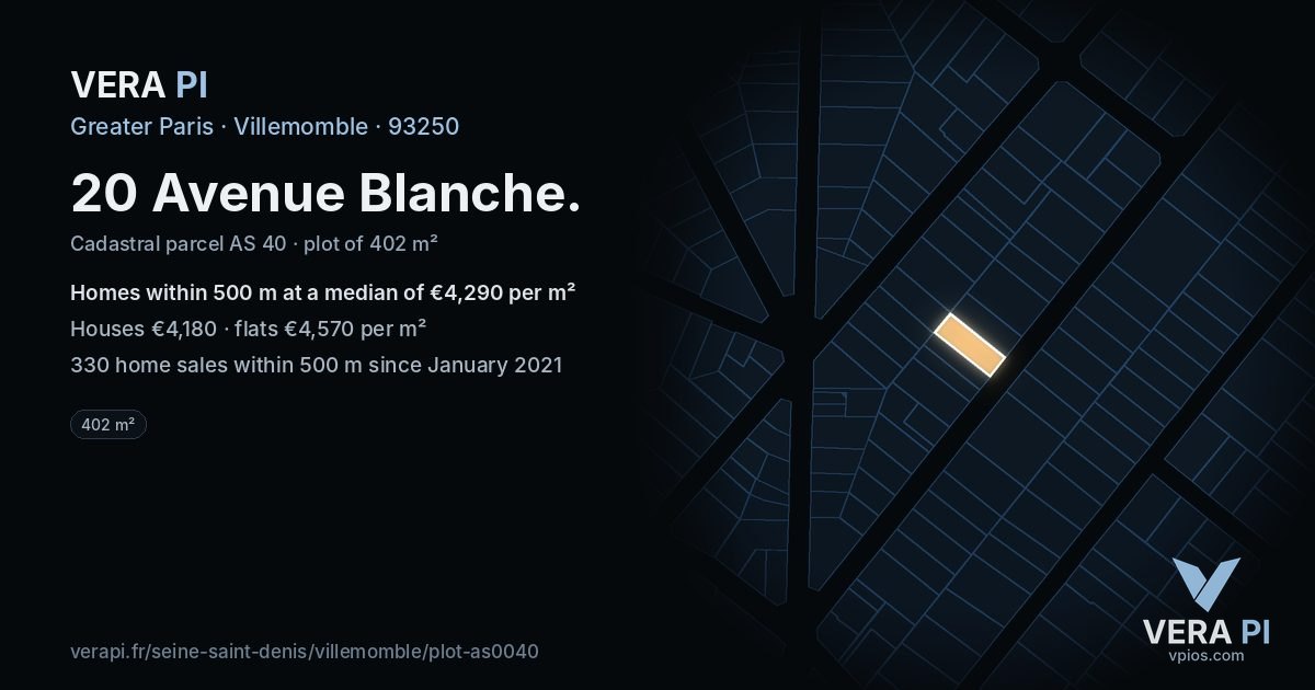 20 Avenue Blanche, Villemomble at night – the plot lit, the parcels around coloured by the prices near them